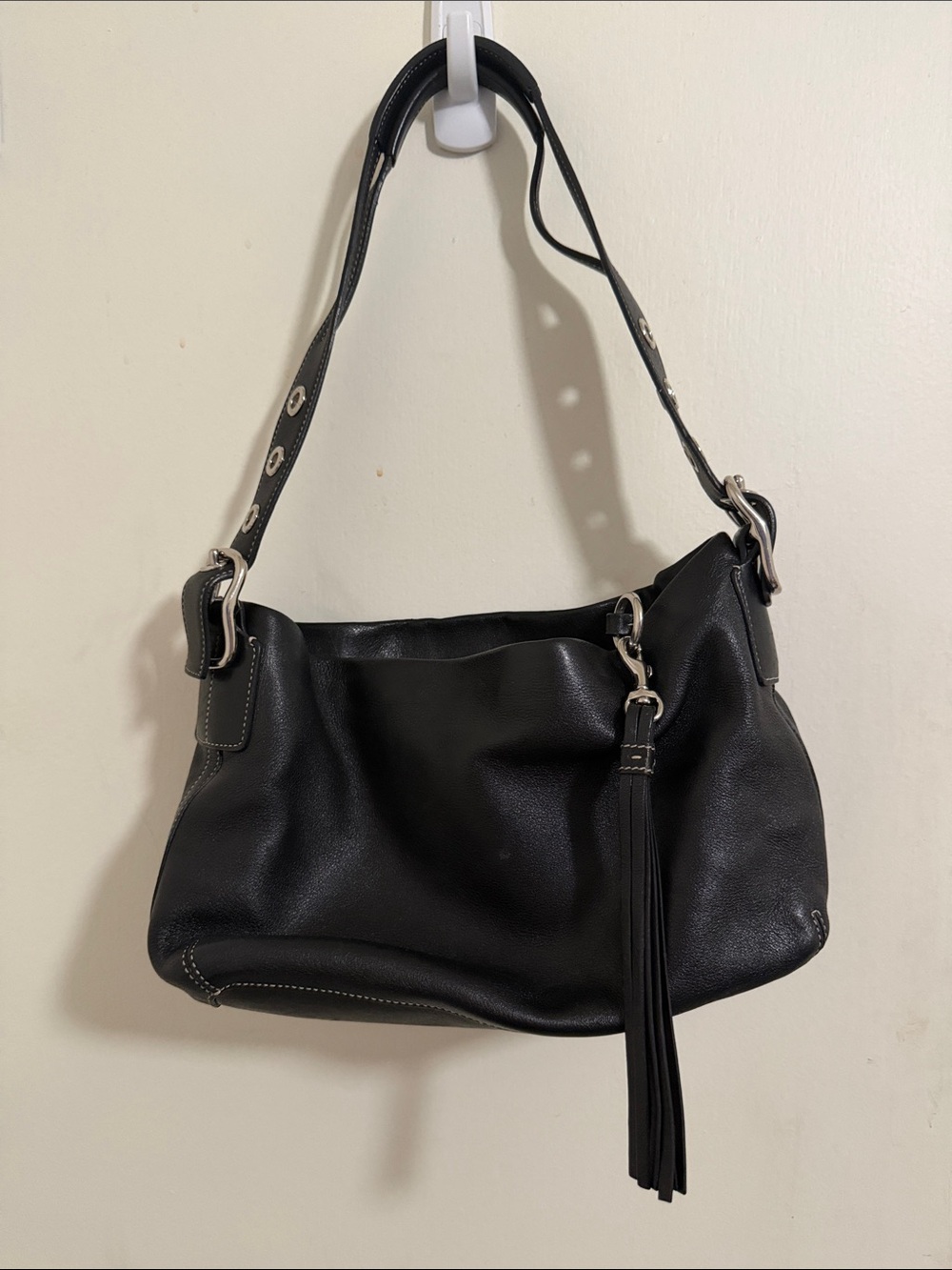 Coach Black Leather Shoulder Bag with Tassel Detail